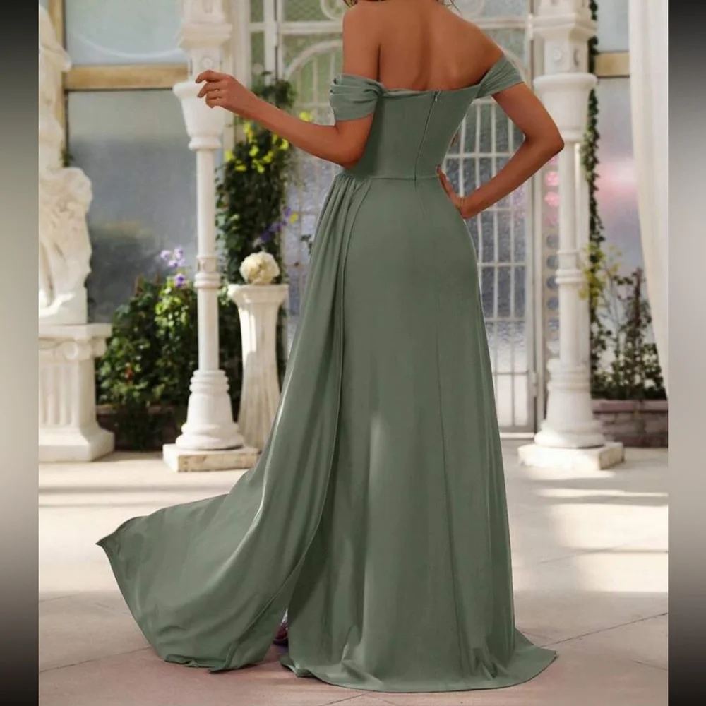 Luxe off shoulder draped hem slit thigh party formal prom wedding gown dress - Picture 12 of 16